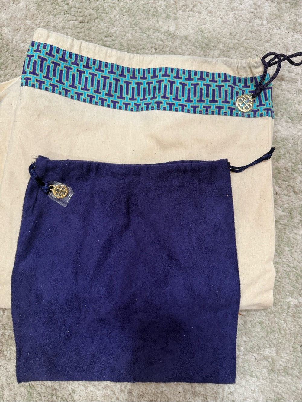 Tory Burch cream and blue dust bags